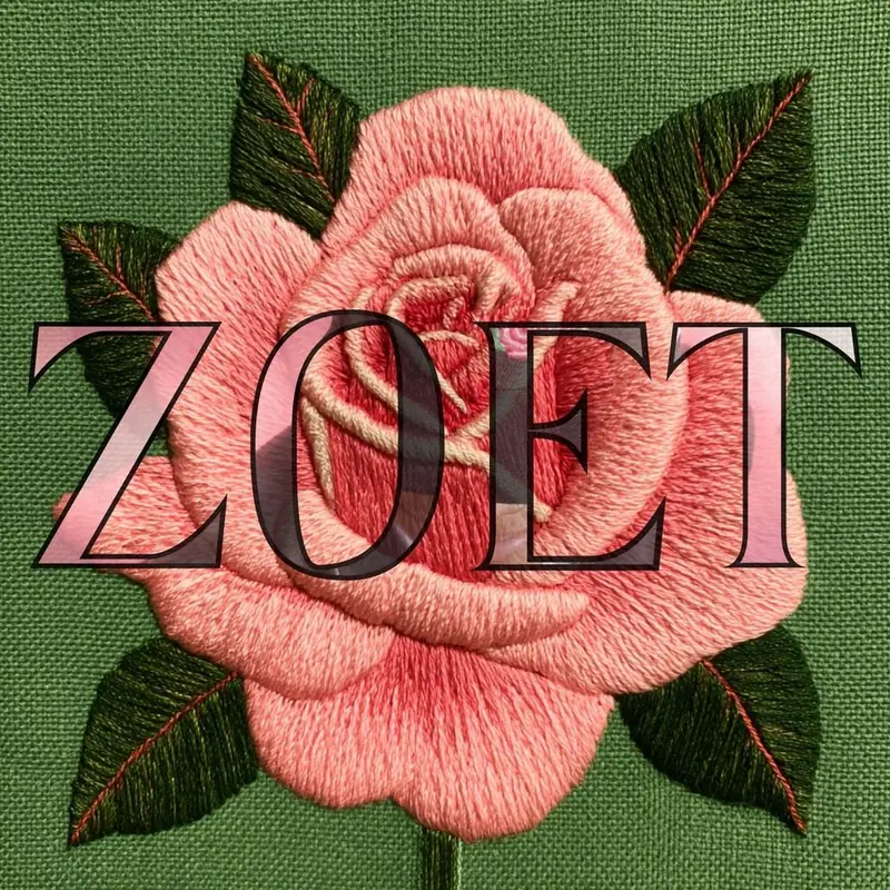 Cover van Zoet: een geborduurde roze roos met groene bladeren op groen linnen